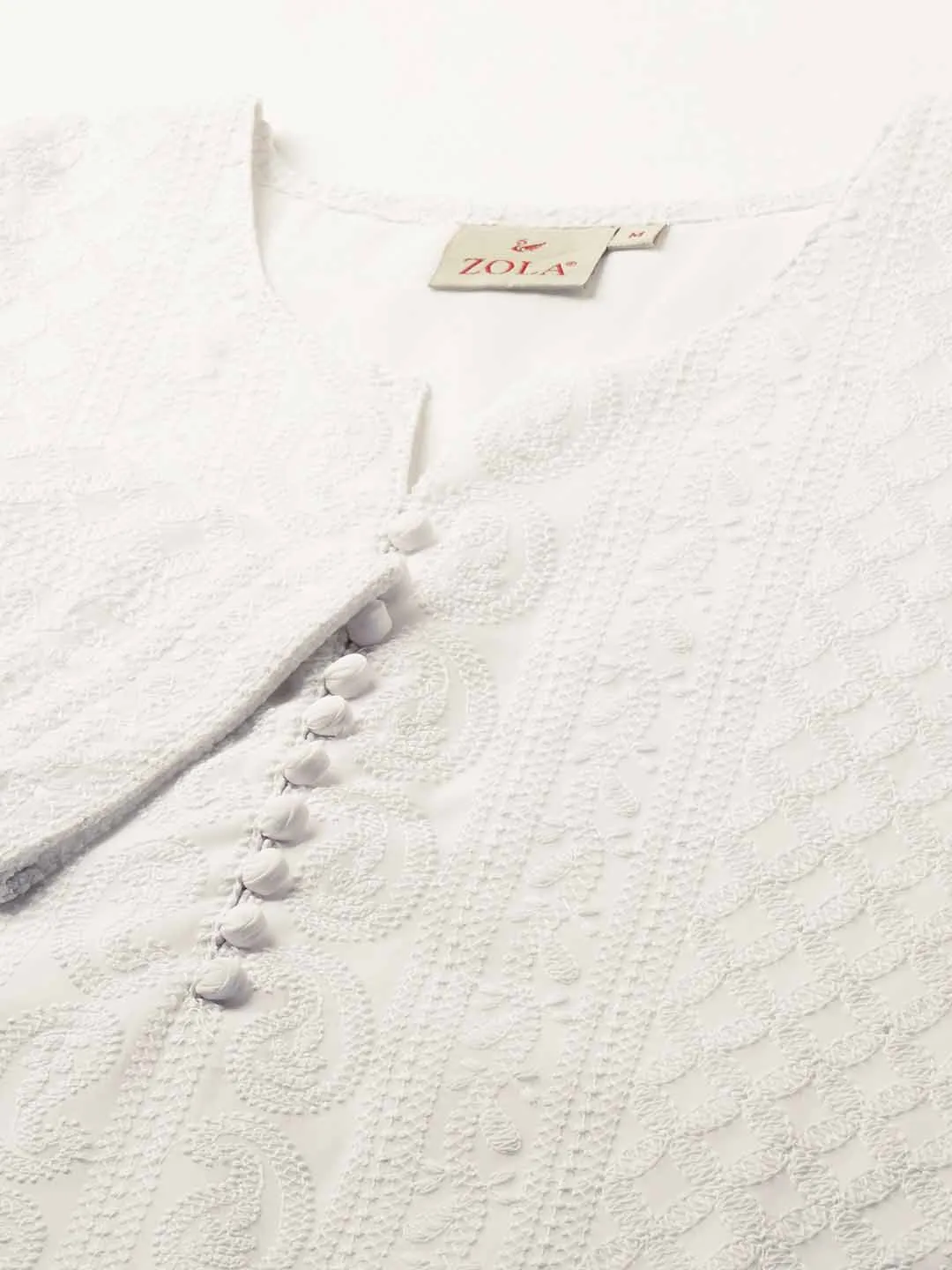 Women White Paisley Embroidered Georgette Lucknowi Chikankari Thigh Length Tunic For Women - ZOLA