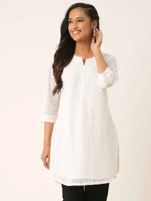 Women White Paisley Embroidered Georgette Lucknowi Chikankari Thigh Length Tunic For Women - ZOLA