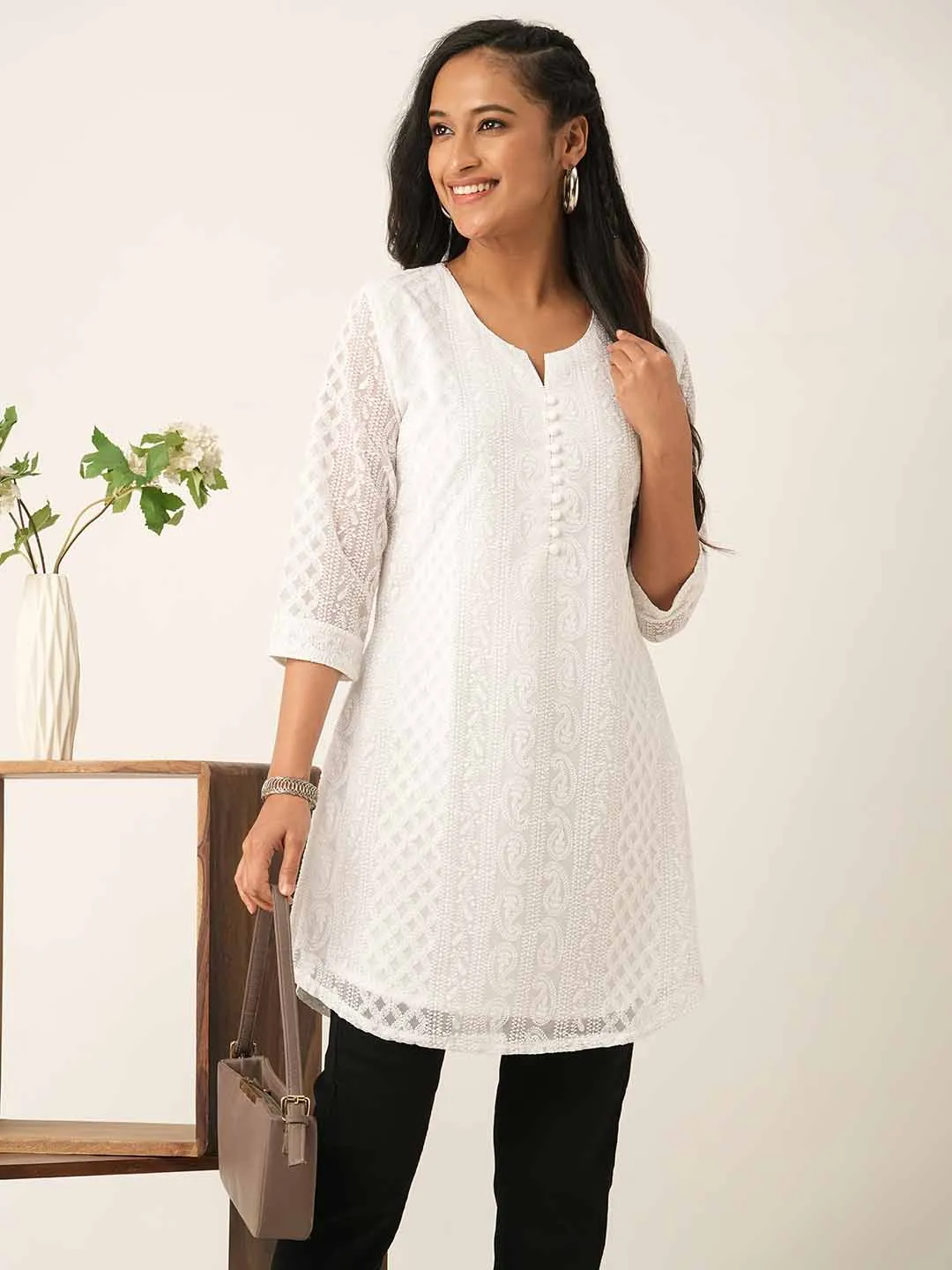 Women White Paisley Embroidered Georgette Lucknowi Chikankari Thigh Length Tunic For Women - ZOLA