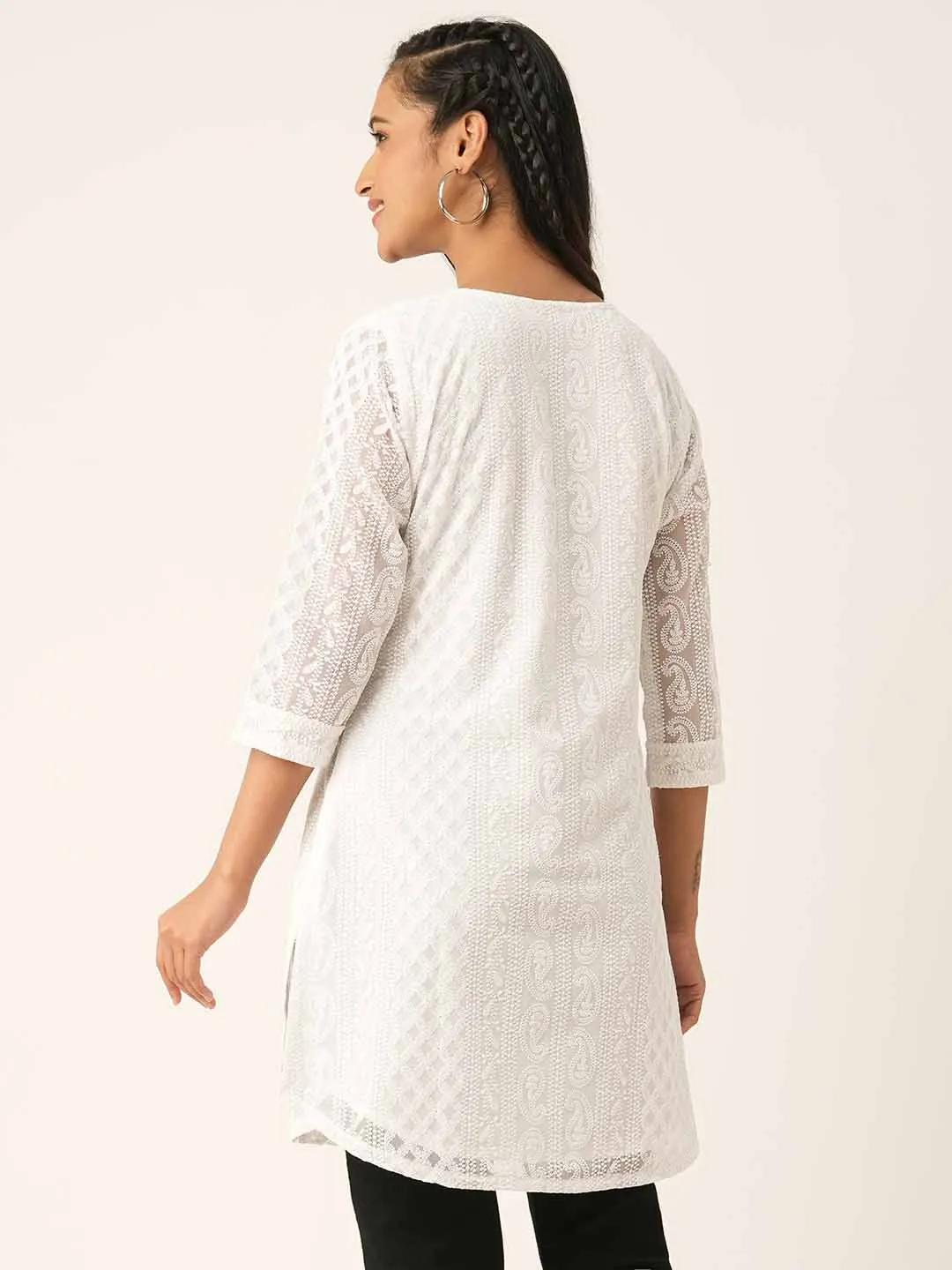 Women White Paisley Embroidered Georgette Lucknowi Chikankari Thigh Length Tunic For Women - ZOLA