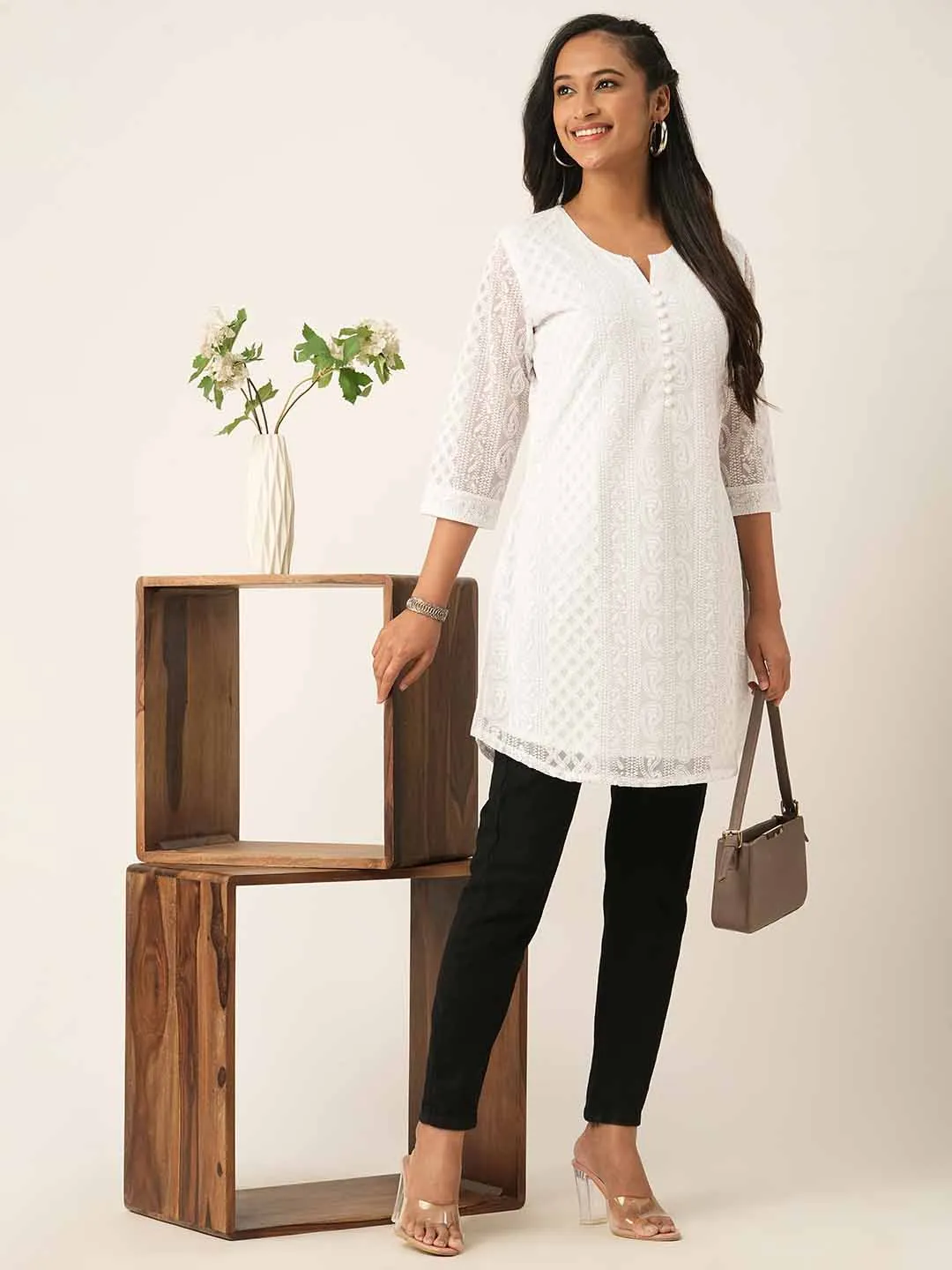 Women White Paisley Embroidered Georgette Lucknowi Chikankari Thigh Length Tunic For Women - ZOLA