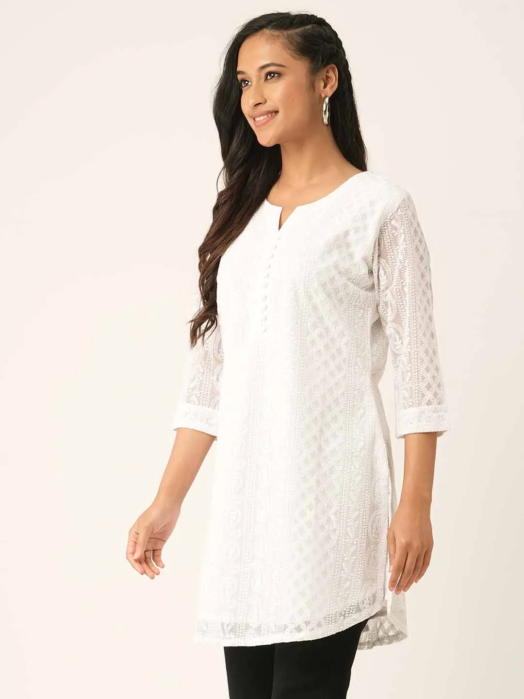 Women White Paisley Embroidered Georgette Lucknowi Chikankari Thigh Length Tunic For Women - ZOLA