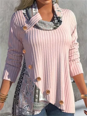 xieyinshe  Contrast Paisley Cowl Neck Tunics, Elegant Long Sleeve Button Decor Outwear, Women's Clothing