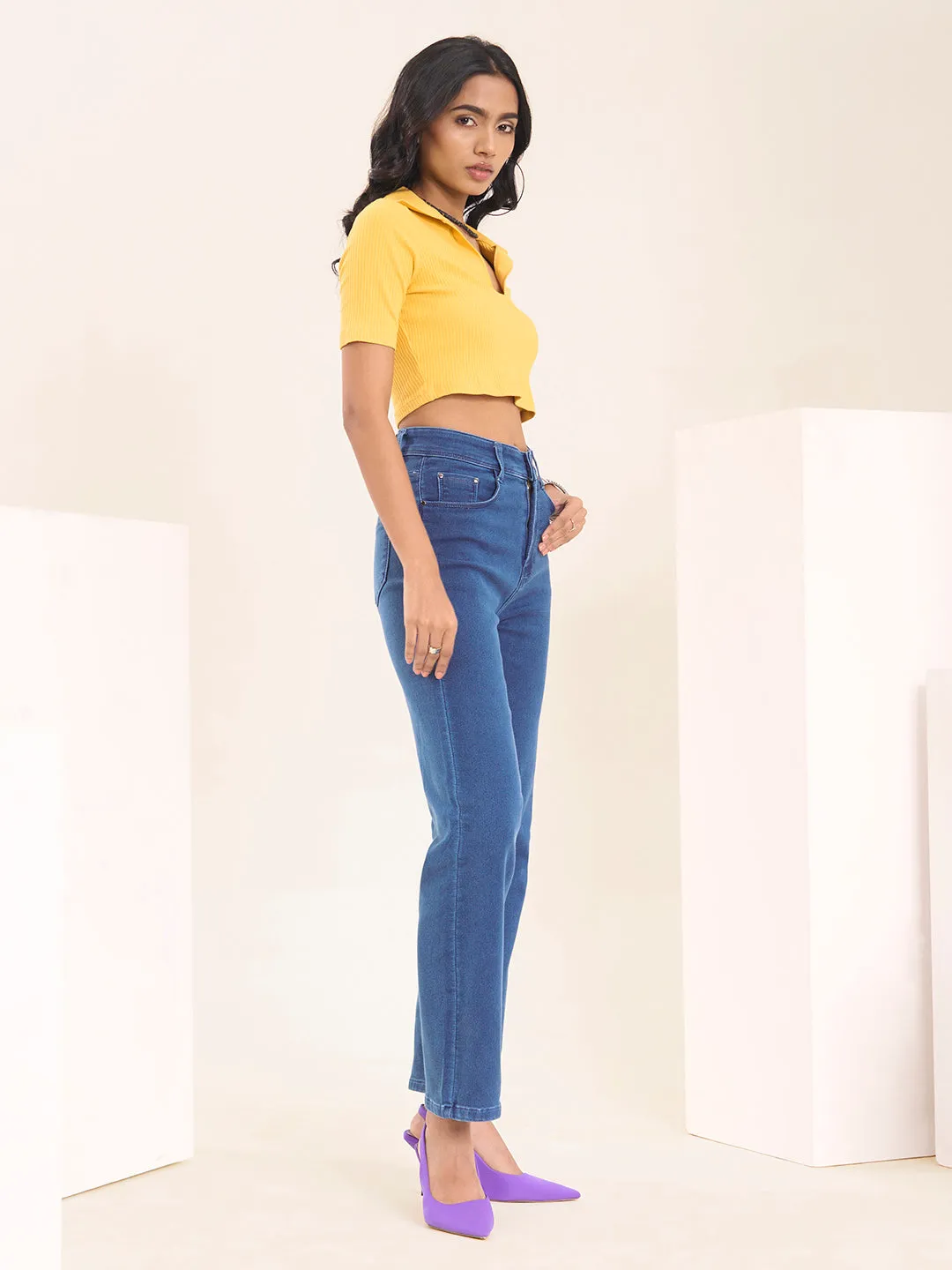 ZOLA Exclusive Denim High Waist Clean Look Stretchable StoneBlue Straight Jeans For Women