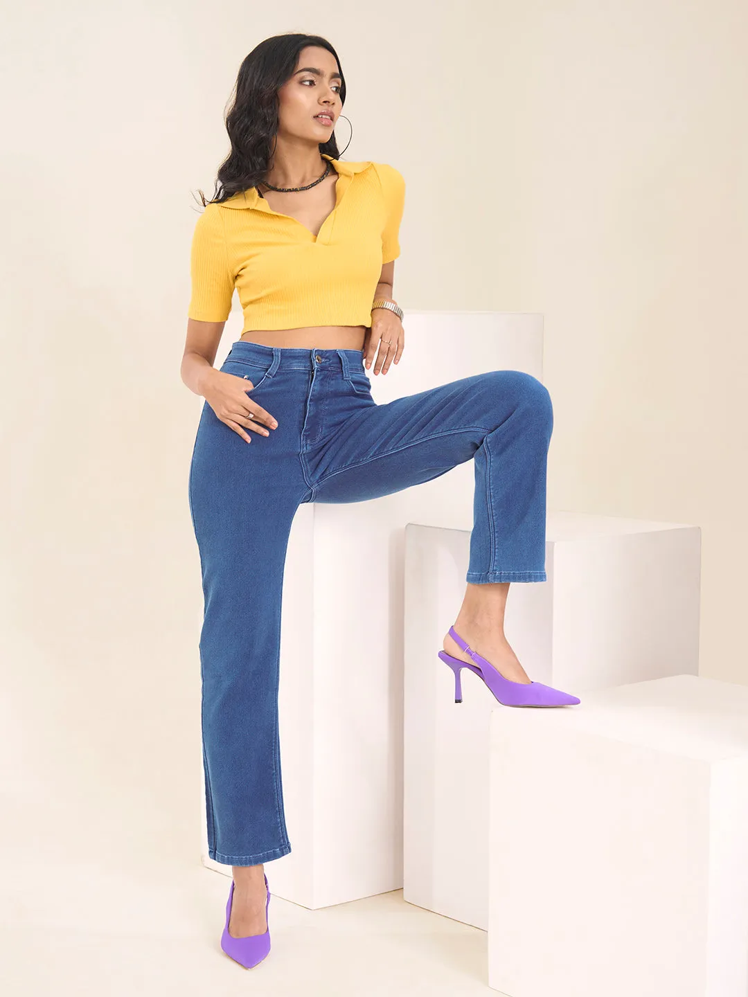 ZOLA Exclusive Denim High Waist Clean Look Stretchable StoneBlue Straight Jeans For Women