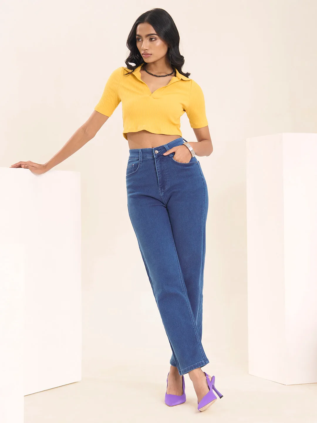 ZOLA Exclusive Denim High Waist Clean Look Stretchable StoneBlue Straight Jeans For Women
